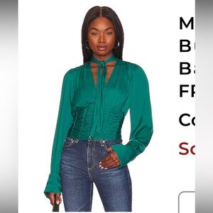 FREE PEOPLE Meet Me There Button Down Long Sleeve Ruched Green Top Sz Small